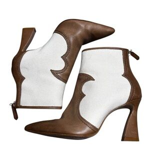 Schutz Revolve Edwiges Canvas Leather Western Two Toned Ankle Booties Size 7.5